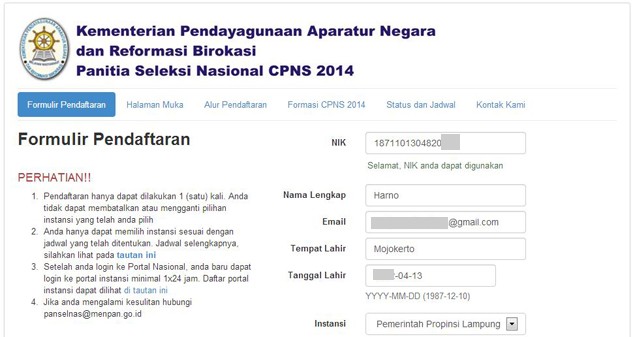 Cara Daftar Seleksi CPNS 2014 Tahap 1